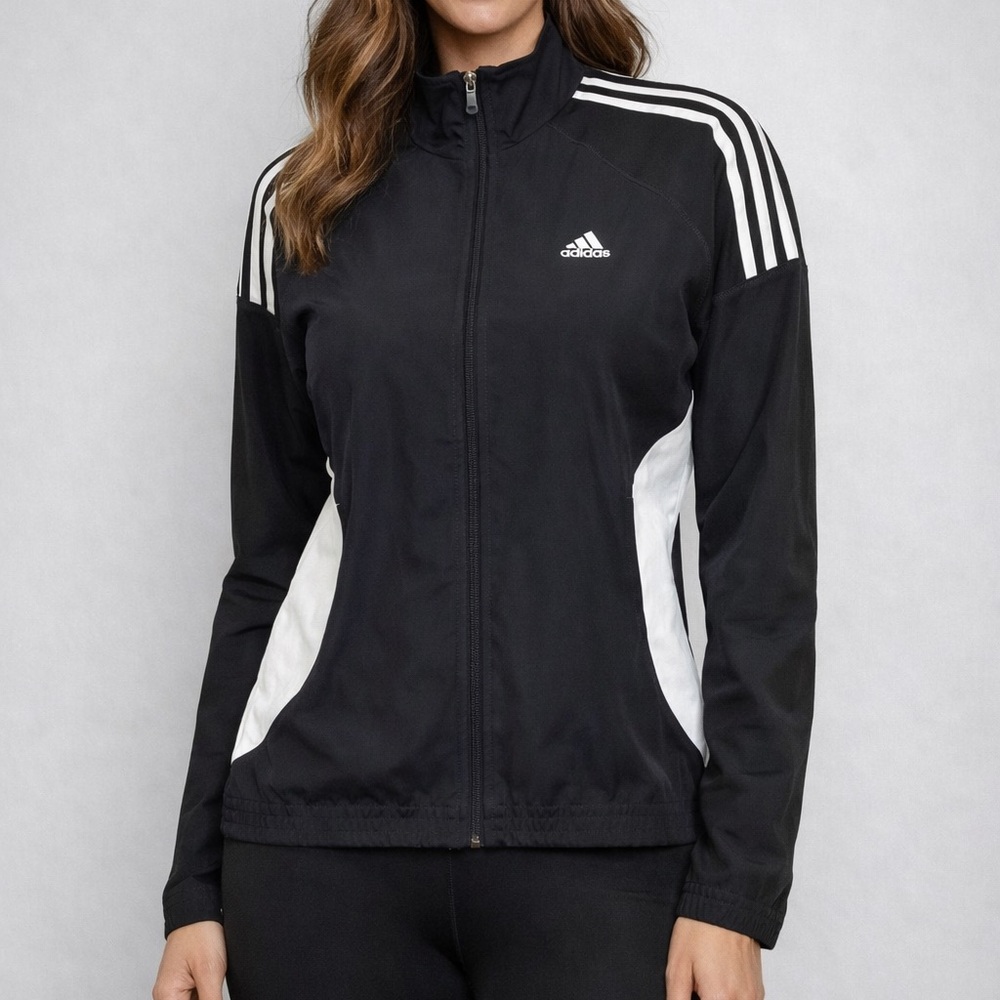 Adidas black white full zip track jacket three stripe athleisure size S